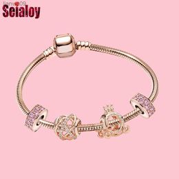 Seialoy Europe Rose Gold Colour Crown Car Beaded Galaxy Charm Bracelets For Women Original Girl Boy Diy Party L230704