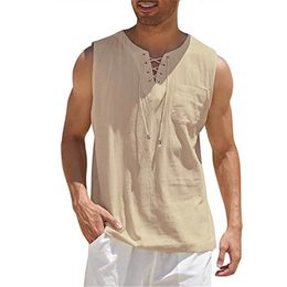 Men s Casual Shirts Cotton Linen Leeveless Vest Bandage Lace Up Blouse Retro V Neck Fashion Loose Shirt Male Solid Colour Clothes 230711