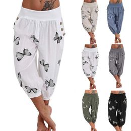 Dress Capris Pants Women High Waist Harem Pants Lightweight Streetwear Female Pocket Baggy Capri Jogger Trousers Bottoms with Print