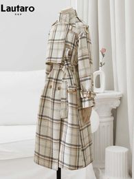 Women's Wool Blends Lautaro Autumn Winter Long Loose Warm Plaid Wool Blends Trench Coat for Women Raglan Sleeve Belt Double Breasted Woollen Overcoat HKD230712