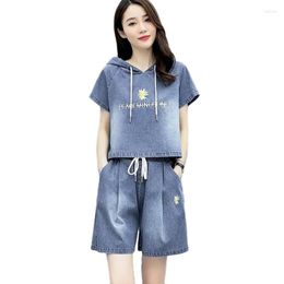 Women's Tracksuits 2023 Summer Fashion Denim Suit Women Hooded Short Sleeve Jacket Shorts Casual Two-Piece Suits Plus Size Sets