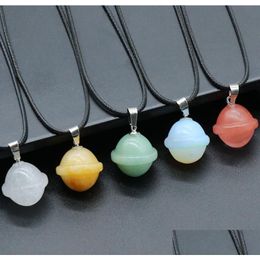 Pendant Necklaces Natural Crystal Mini Planet Galactic Charms Rose Quartz Aventurine Labradorite Stone Universe Necklace Drop Delive Dhcc5