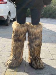 Boots Women Winter Fluffy Faux Fur Mid-Calf Snow Boots Thick Flat Solid Rubber Soles Round Toe Over Knee High Boots Big Size 44 Warm T230712