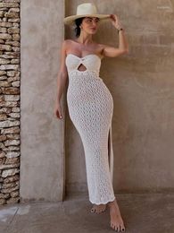 Casual Dresses Summer Dress Women 2023 Twist Knot Sweetheart Neck Cut Out Side Slit Sexy Vacation Beach Style Pointelle Knit Midi