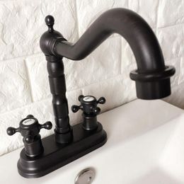 Bathroom Sink Faucets Black Oil Rubbed Bronze 4" Centerset Faucet Swivel Basin Mixer Tap Dual Cross Handles Mhg071