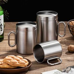 Mugs Stainless Steel Outdoor Camping Water Mug Metal Buckle Coffee Beer Drinkware Picnic Mountaineering Buckle Tea Cup with Lid R230712