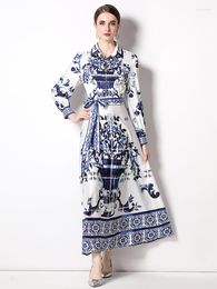 Casual Dresses Runway Blue And White Porcelain Long Dress Women's Turn Down Collar Lantern Sleeve Single Breasted Elegant Belt Party