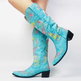 Boots AOSPHIRAYLIAN Western Denim Women's Boots 2023 Embroidered Square High Heels Retro Blue Casual Shoes L230712