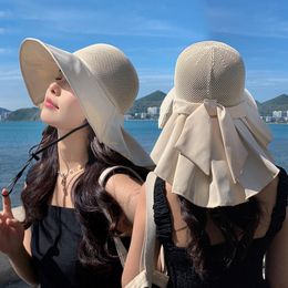 Wide Brim Hats Bucket Hats Summer Women Bucket Hat with Shawl Breathable Hollow Knit Beach Cap Luxury Large Bowknot Ladies Face Neck Protection Sun Hat 230712