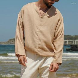 Men's T Shirts Beach Style Loose V Neck Tops Mens Vintage Pure Color Cotton Linen Pullover Spring Summer Leisure Men Clothes Streetwear