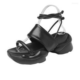 Sandals Genuine Leather Cross Tie Ankle Strap Thick Sole Platform Women Lace Up Chunky Heels Sports Casual Concise Female Shoes