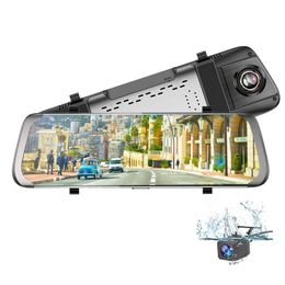 10 "tela cheia fluxo de mídia carro dvr espelho retrovisor câmera registradora automática lente dupla frontal e traseira 1080p 170 ° + 140 ° fov super visão noturna