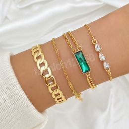 Vintage Green Crystal Zircon Bracelet for Women Men Multi-layer Chain Bracelets Set Trendy Bangle Fashion Jewellery Gifts