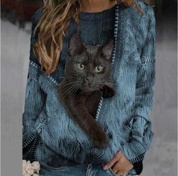 Women's Blouses Shirts Kaii Black Cat Zipper Print Women Blouse Shirts Casual Crew Neck Long Sleeve Lady Tee Plus Size Loose Aesthetic Pullover Tops L230712