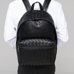 Backpack 2023 Real Genuine Leather Men Woven Backpacks Student Boy Weave 14 Inch Computer Laptop Bag