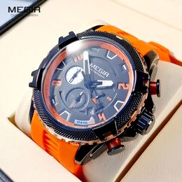 MEGIR Fashion Watch for Men Orange Silicone Strap Sport Chronograph Quartz Wristwatch with Date 24-hour Display 3atm Waterproof