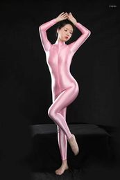 Women's Swimwear Leomove Lady Glossy Ultra Feel Good Satin Bright One-piece Dress Long-sleeve Thin Prespective Sex Smooth And Soft