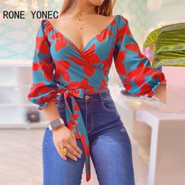 Women's Blouses Shirts Women Elegant Deep V Neck Floral Three Quarter Lantern Sleeves Sexy Women Blouse Tops L230712