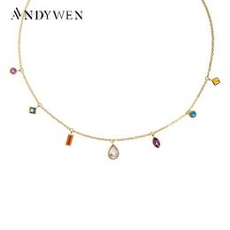 Pendant Necklaces ANDYWEN Winter 925 Sterling Silver Gold Zircon Charm Choker Necklace Long Chain 2*3mm 4*6mm Colorful Women Wedding Party Jewels HKD230712