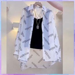 Women's T Shirts Chiffon T-shirt Letter Plaid Tee Female Summer Loose Top Long Sleeve T-shirts See Through Thin Tops Coat