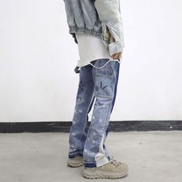 Suits Vintage Distressed Splash Ink Flare Jeans Mens Streetwear Patchwork Hip Hop Graffiti Heavy Wash Blue Slim Fit Denim Pants Men