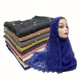 Ethnic Clothing Malaysia Floral Lace Embroidery Women Hijabs Scarf Plain Cotton Viscose Headscarf Wrap Beads Islamic Modest Headband Long