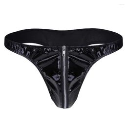 Underpants Men's PVC Mirror Glossy Leather Briefs Zipper Open Panties Mid Waist Big Size Tight T-Crotch Sexy Underwear