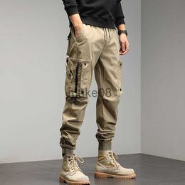 Men's Pants Khaki Cargo Pants Men Drawstring Ankle Length 9 Part Trousers Streetwear Fashion Cotton Pants Men Casual Work Pants Military J230712