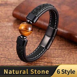 Trendy Genuine Leather Bracelets Men Stainless Steel Clasp Charm Bracelet For Male 6 Style Natural Tiger Eye Lava Stone Jewellery L230704