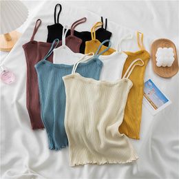 Women's Tanks Casual Kniited Summer Tank Tops Women Ruched Ruffles Sleeveless Harajuku Basic Female Top For Girls Camisole Vetement Femme