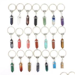 Key Rings Natural Stone Hexagonal Prism Keychains Healing Pink Crystal Car Decor Chain Keyholder For Women Men Jewellery Drop Delivery Dhxiy