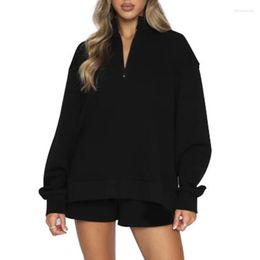 Women's Two Piece Pants Oversized 2 Sets Long Sleeve Zipper Hoodies Sweatshirts And Shorts Sweatsuit Outfits With Pockets