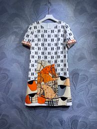 Short Sleeve Dress Letter Print 2023 Spring and Autumn Loose Round Neck Dress Monotone Handmade Beaded Dress S-XL