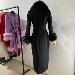 Women's Wool Blends Winter fashion women woolen coat high imitation big fox fur collar black cashmere coat female double breasted slim outwear HKD230713