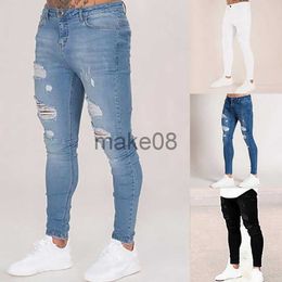 Men's Pants 2023 Pencil Pants Elastic Sweatpants Men Fit Solid Ripped Denim Harem Pants Casual Black Blue White Destroyed Jeans Pants J230712