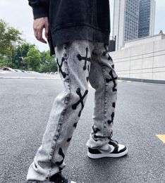 Men Streetwear Jeans Retro Washed Distressed Flare Jeans for Women Fashion Clothes PU Leather Bone Embroidery Flared Denim Trousers
