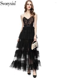 Casual Dresses Svoryxiu Summer Fashion Black Color Elegant Medium Length Dress Women's Lace High Waist Net Yarn Cascading Flounces