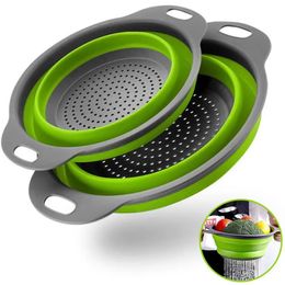 Creative Green Silicone Round Folding Vegetable Fruits Washing Basket Hangable Kitchen Tools Water Filter Basket