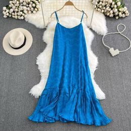 Casual Dresses Clothland Women Elegant Blue Loose Cami Dress Bow Tie Adjustable Straps Ruffles Beach Wear Mid Calf Vestido QC388