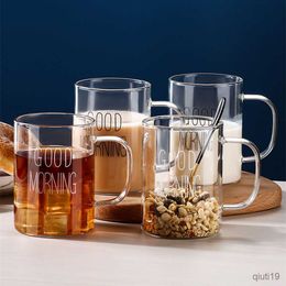 Mugs Letter Printed Creative Glass Coffee Tea Mug Drinks Dessert Breakfast Milk Cup Glass Mugs Handle Drinkware Home Supply R230712