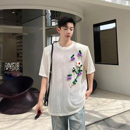 Men's T Shirts 2023 Summer Hollow Out Mesh Knitted Short Sleeve Shirt Mens Korean Fashion 3D Bubble Flower Tees Tops