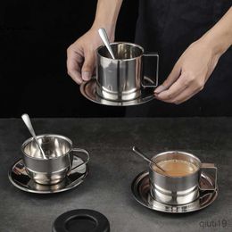 Mugs Stainless Steel Coffee Cups with Tray Stirring Spoon Double Wall Insulation Milk Tea Mug European Hotel Drinks Tumbler R230712