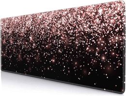 Large Non-Slip Rubber Base Mousepad with Stitched Edges Keyboard Mouse Desk Pad 31.5x11.8 Inch - Rose Gold Black Glitter Luxury