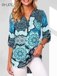 Women's Blouses Shirts Spring Fashion Print Blouse Women V Neck Zipper Long Sleeve Loose Blouses And Tops S-5XL 2023 Casual Ladies Boho Shirt L230712