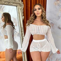 Women's Tracksuits Slash Neck Long Sleeve Crop Top Short See Through Club Two Piece Set Holiday Sexy Hollow Out Hole Summer Outfits For