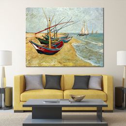 Handcrafted Vincent Van Gogh Oil Painting Fishing Boats on The Beach at Saints-maries Landscape Canvas Art Beautiful Wall Decor