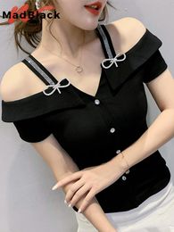 Dresses Madblack Summer European Clothes Tshirt Chic Off Shoulder Diamonds Women Tops Elegant Cotton Sexy Short Sleeve Tees New T14507a