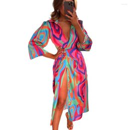 Casual Dresses Lantern Sleeve Lady Dress Belted Waist Women Colourful Print Midi With Low-cut V Neck Tight High Split For Fall