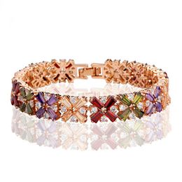 10mm Vintage Fine Multicoloured Baguette Cubic Zirconia Tennis Bracelet Bling Full Cz Stones Female Flower Wedding Bridal Rose Gold Chain Bracelets Bangle Gifts