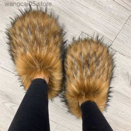 Slippers Raccoon Fur Slippers New Designer Real Tan Fur Women Slides Slippers For Season With Customised Colour T230712